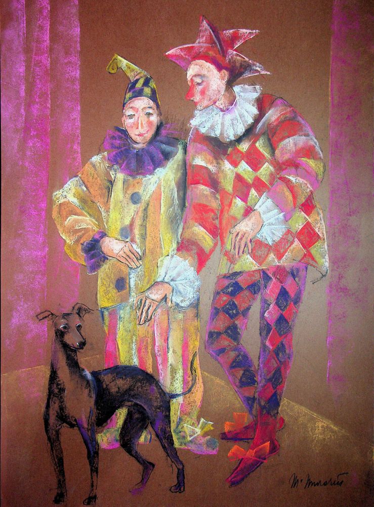 Marilena Murariu, Arlechini, 2021, pastel pe carton, 50x35 cm