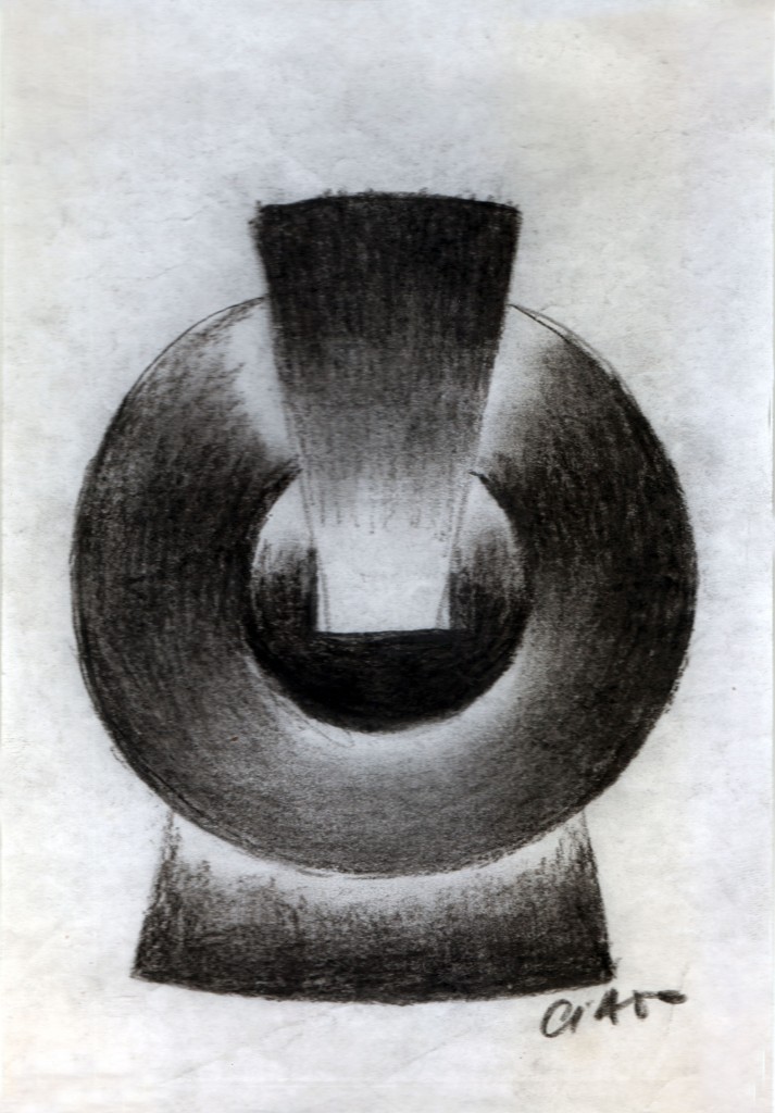 Victor Ciato, 5 obiecte albe cu reflex, 1972, charcoal on paper, 24 x 16 cm