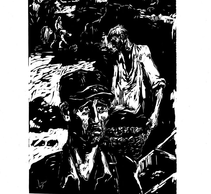 Friedrich Walter, Mizeria minelor din trecut, 1959, linocut print, 34×48,5 cm