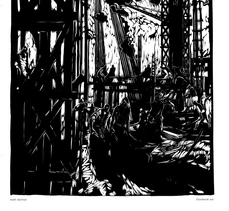 Iosif Matyas, Construcții noi, 1959, linocut print, 34×48,5 cm