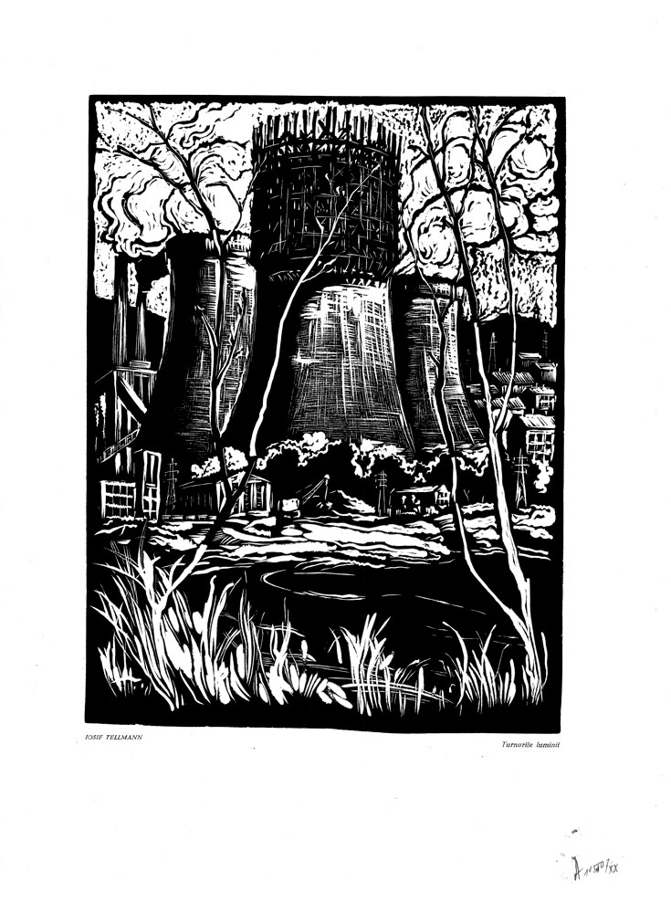 Iosif Tellmann, Turnurile luminii, 1959, linocut print, 34×48,5 cm