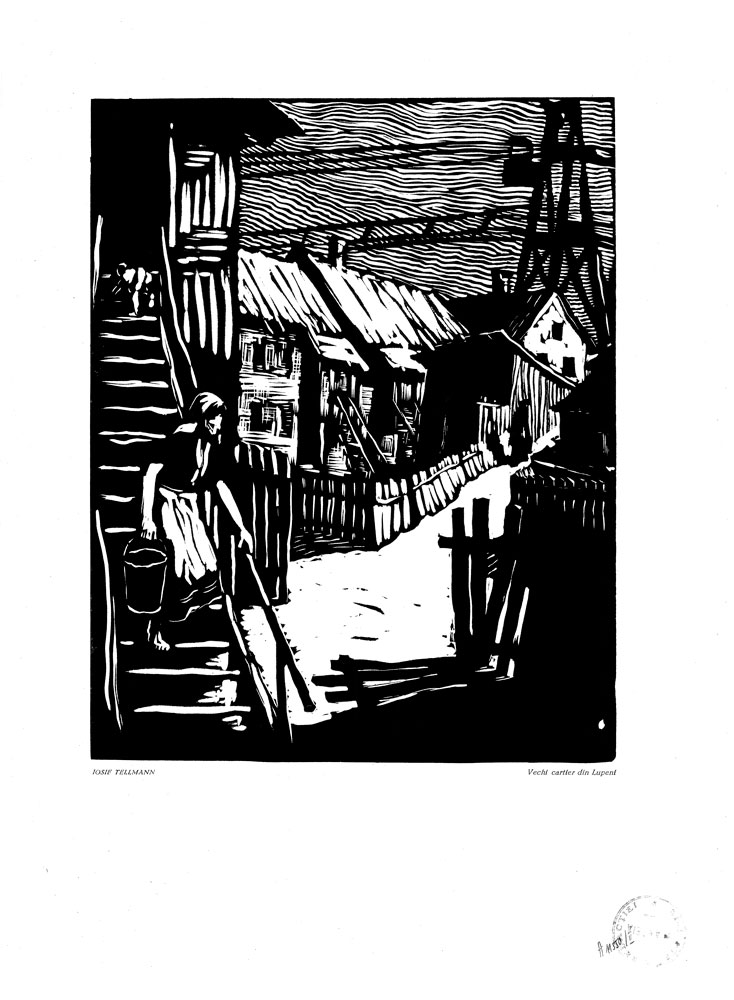Iosif Tellmann, Vechi cartier din Lupeni, 1959, linocut print, 34×48,5 cm