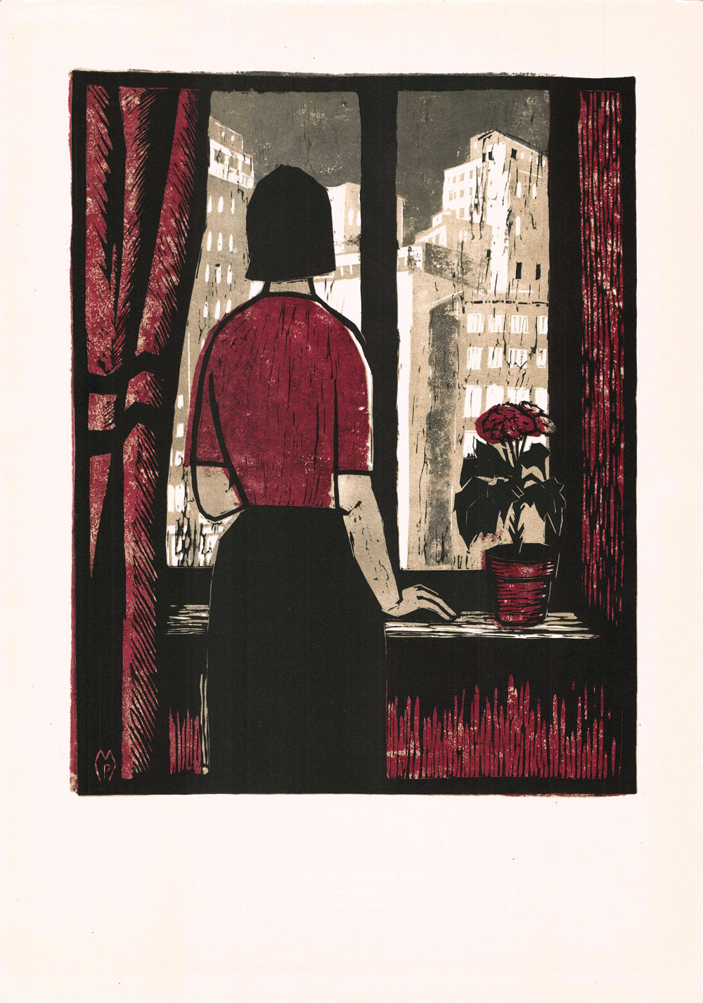 Puia Hortensia Masichevici, Blocuri noi, 1959, color linocut, 34Ã—48,5 cm