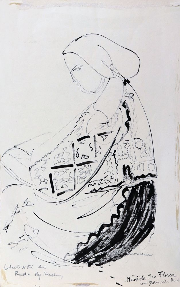 Puia Hortensia Masichievici, Colectivistă din Ruda, regiunea Hunedoara, desen tuș, 50x32 cm