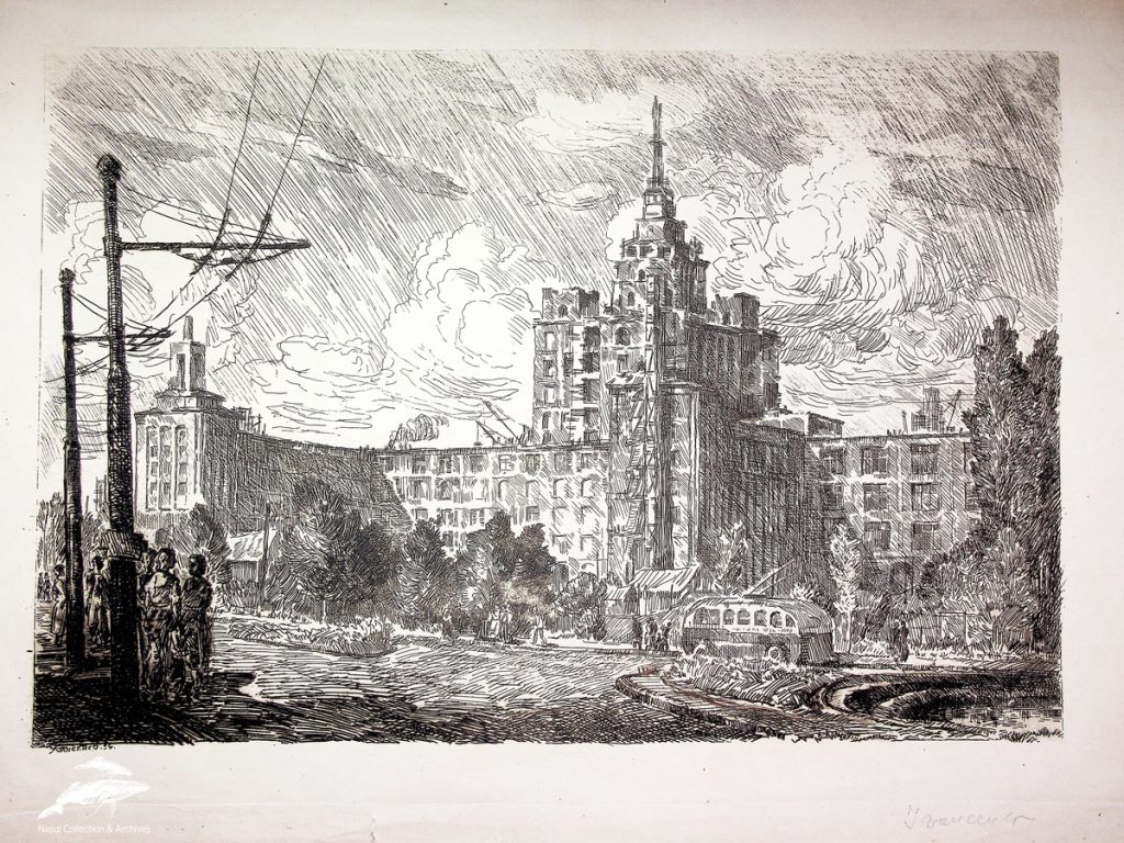 Gheorghe Ivancenco, Casa Scânteii, 1954, gravură cu acul, 38x52,5 cm