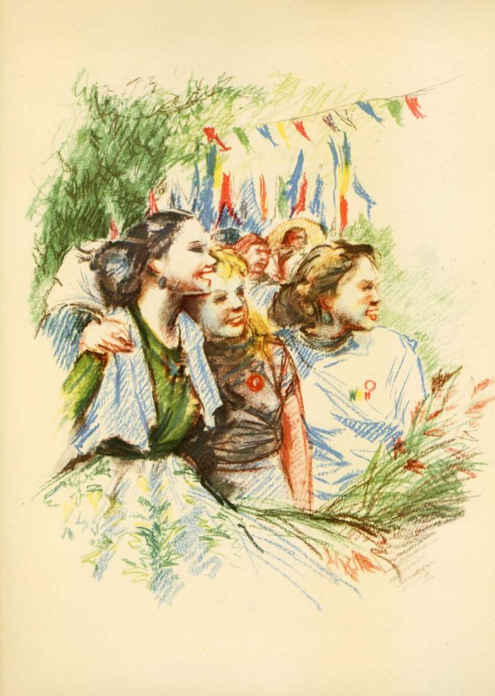 Florica Cordescu, Group of young girls in park, published in ”Chipuri de pretutindeni”, 1955, ESPLA, 24x33 cm