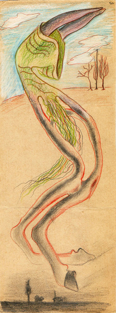 Hedda Sterne, Theodore Brauner, Medi Wechsler Dinu, Cadavre exquis 228, 1930-1932, pastel, pen and crayons on paper, 11x31,5 cm