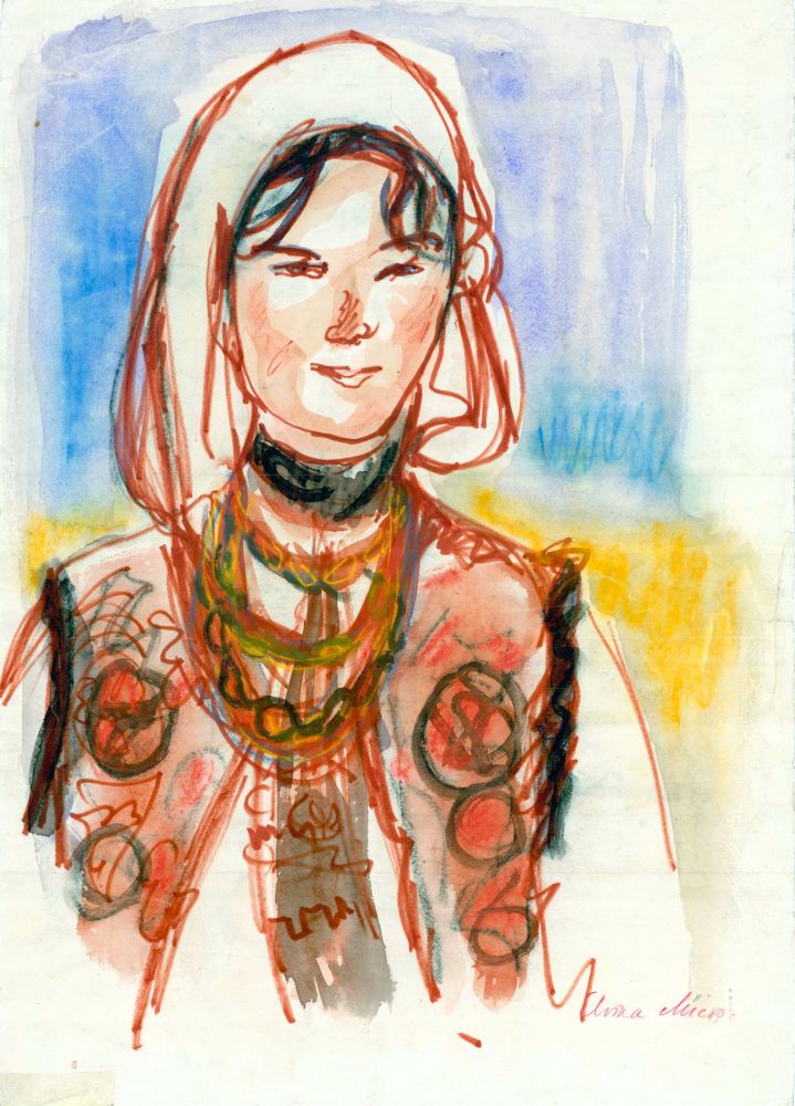 Elvira Micoș, Marmureșancă, creioane color si acuarela, carton subtire, 45x32 cm