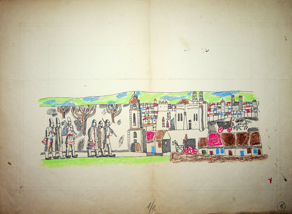 Vasile Celmare, Mos Ion Roata si Unirea, desen pe carton, 1968, pg 4-5, 35x50 cm