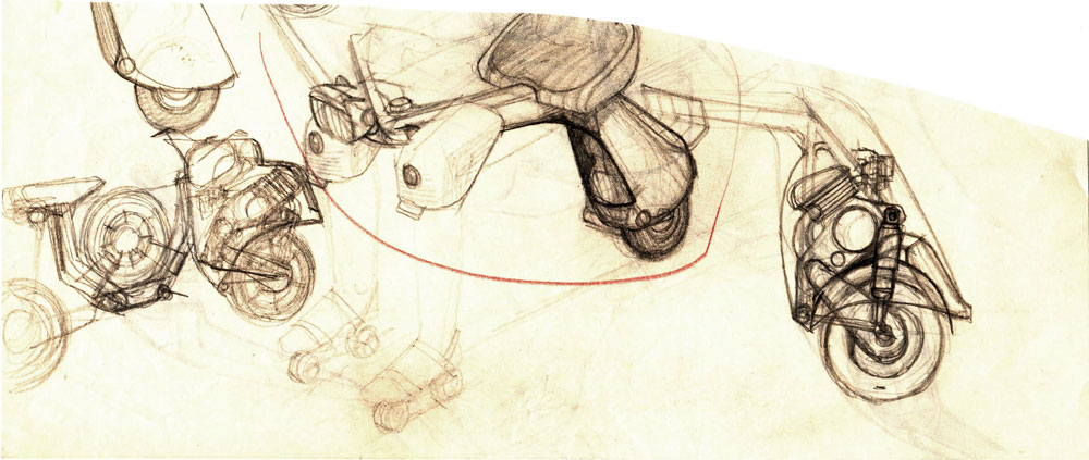 Romeo Voinescu, Prototip vehicul scuter detaliu, desen, 12x29,5 cm