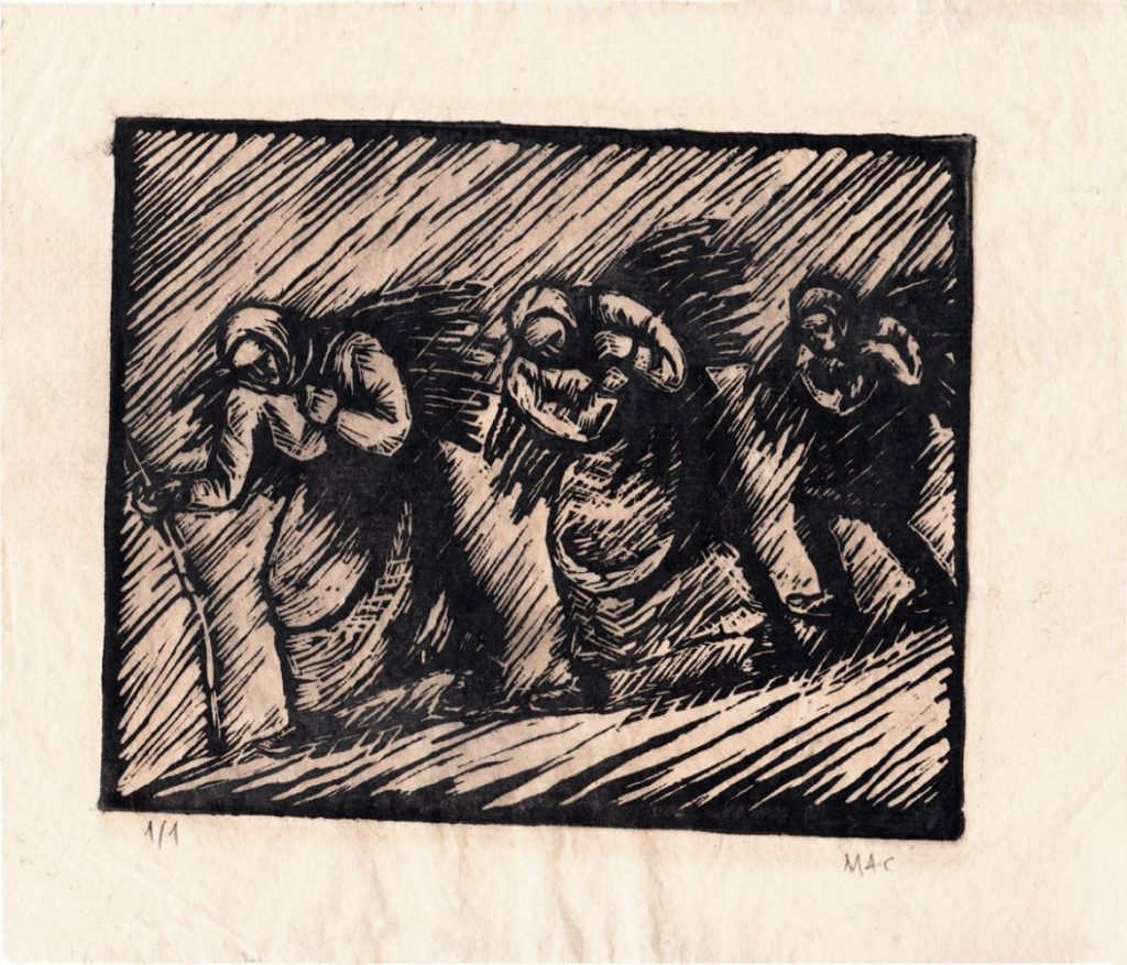 Marin Iorda, Femei cărând vreascuri, xilogravură pe hârtie pelur, 20x23 cm