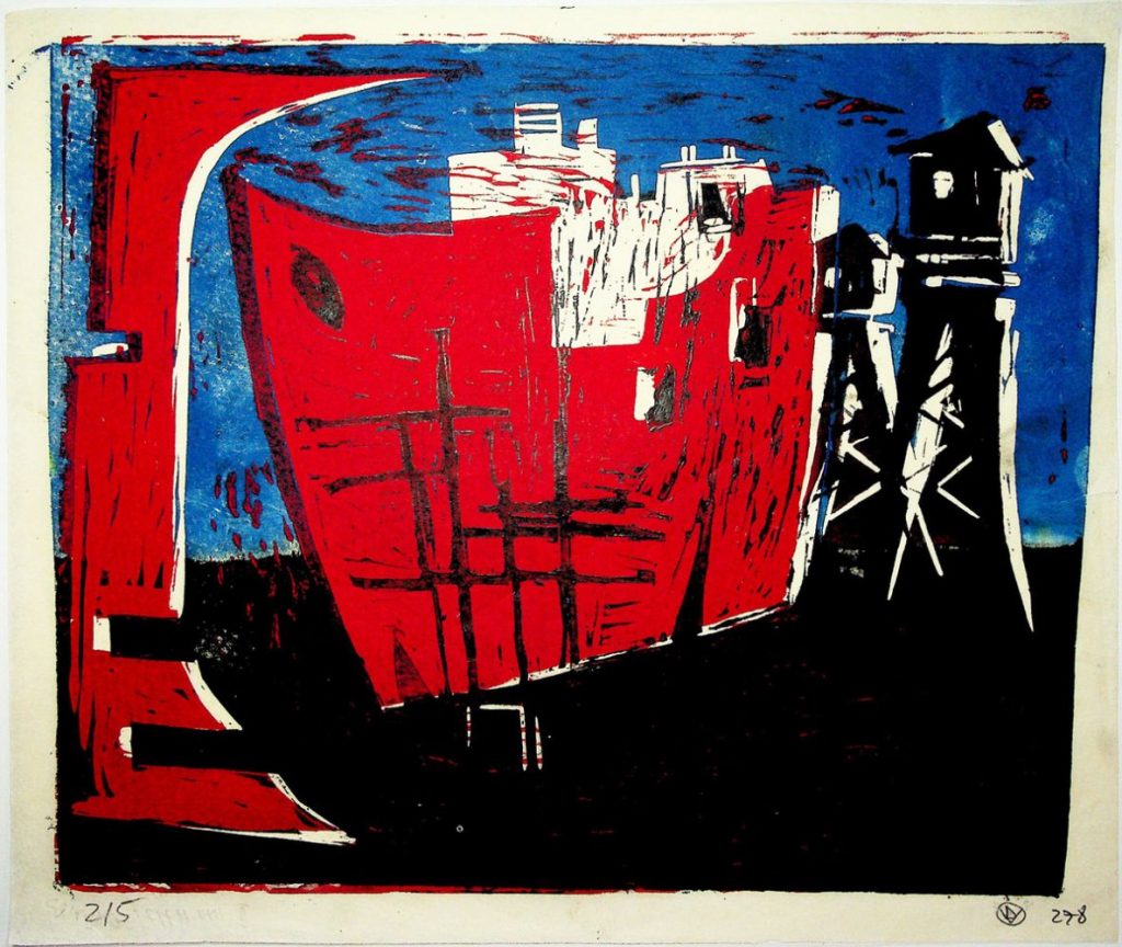 Vasile Dobrian, Cargoul roșu, 1960, xilogravura, 2 din 5, 32x27 cm