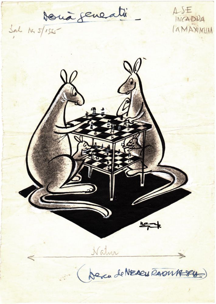 Neagu RÄƒdulescu, DouÄƒ generaÈ›ii, publicat Ã®n Sah nr 5, 1965, tus pe hartie, 21x15 cm