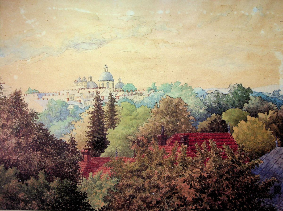 Partenie Masichievici, Peisaj cu Catedrala „Pogorârea Sfântului Duh” din Cernăuți, guasa pe hartie, 43x32 cm