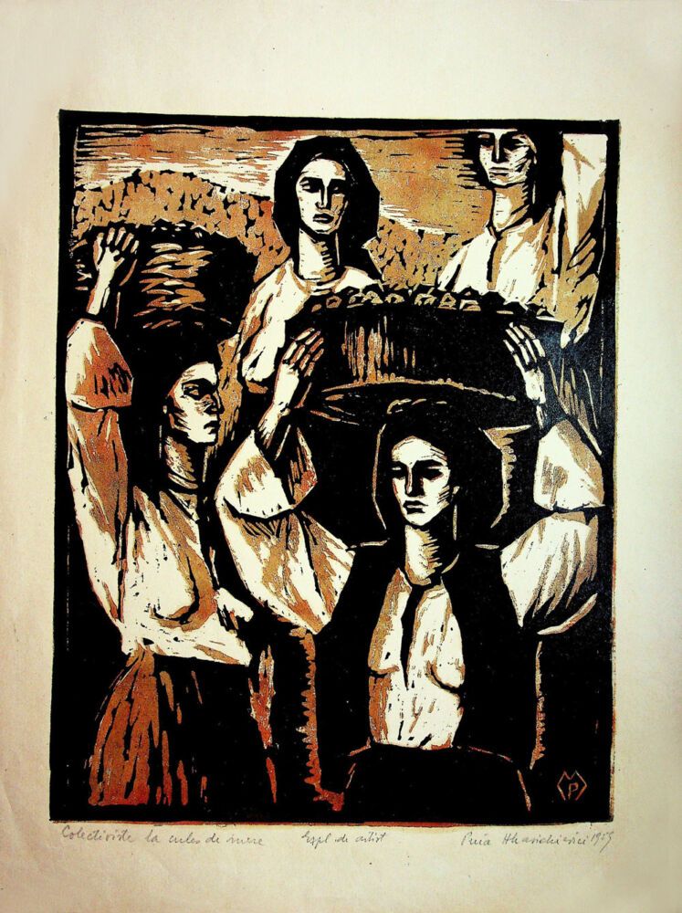 Puia Hortensia Masichievici Mișu,  Colectiviste la cules de mere, 1959, 42x32 cm