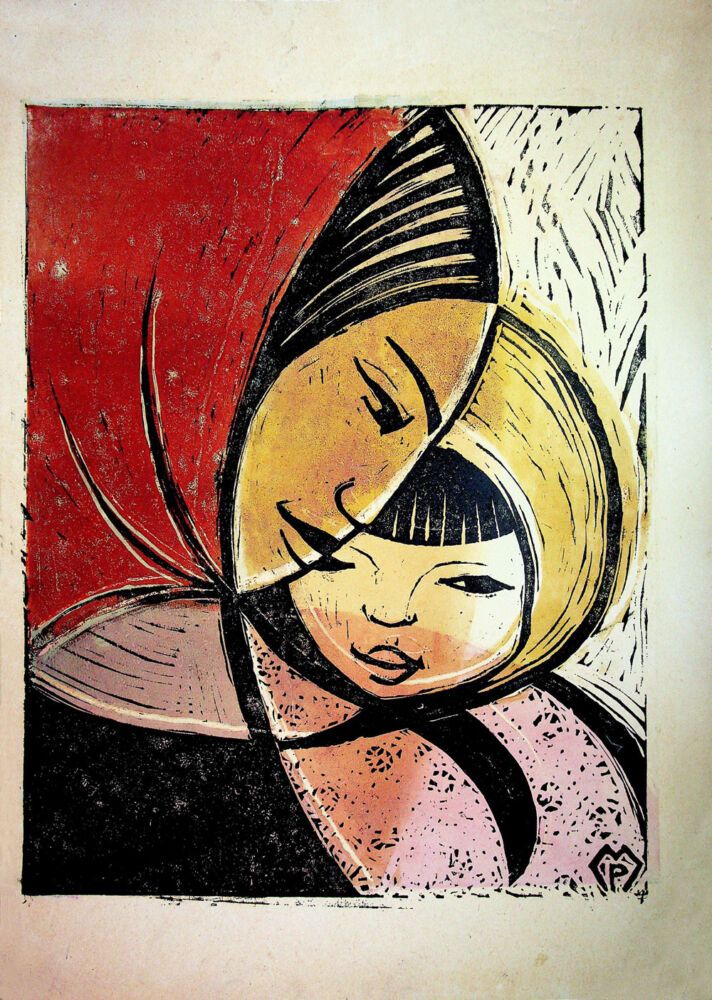 Puia Hortensia Masichievici Mișu, Maternitate, 1961, xilogravura in culori, 43x30 cm