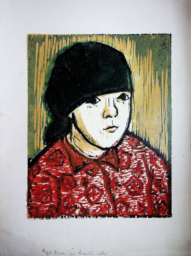 Puia Hortensia Masichievici Mișu, Tânără colectivistă din Țibucani, 1961, xilogravura in culori, 50x35,5 cm