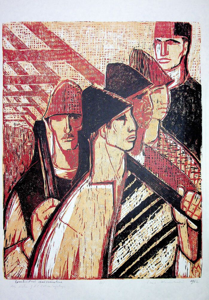 Puia Hortensia Masichievici Mișu, Constructorii saivanului, ciclul GAC Sarmisegetuza, 1962, 70 x50 cm (3)