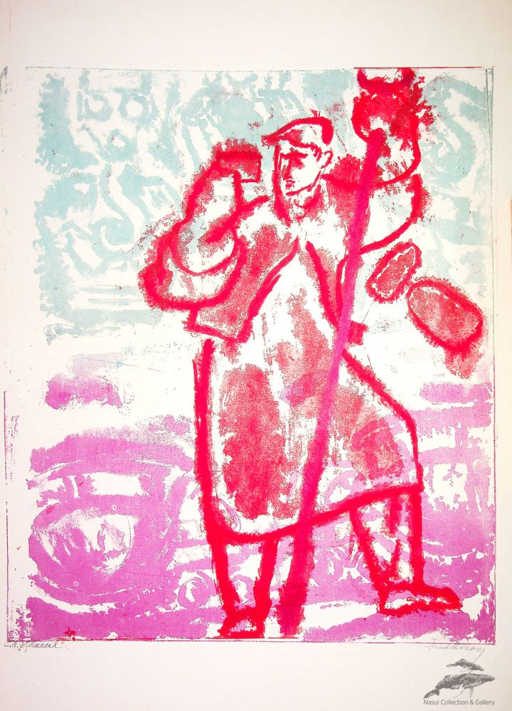 Fred Micos, „Otelarul”, 1966, litografie color carton, 48x41cm, imaginea, 59,5x49,5cm, coala