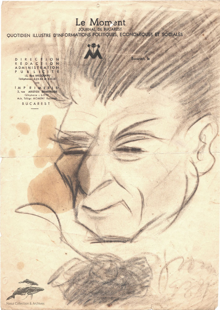 Gion Mihail, Portret pe hartie cu antentul Le Moment, 1938, 29x20,5 cm