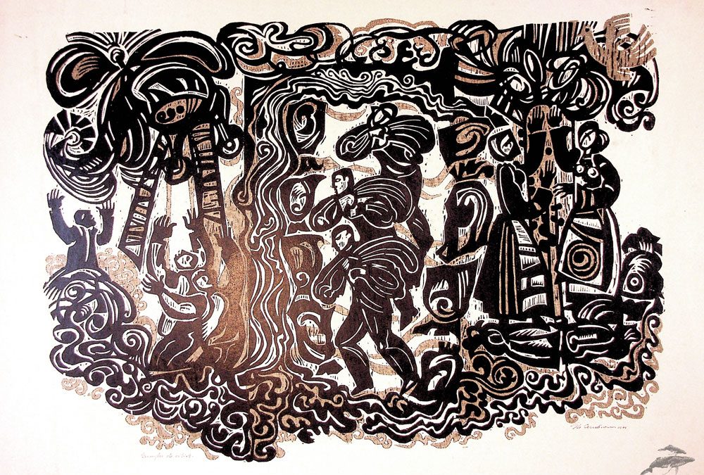 Gheorghe Cernăianu, Biruind apele, Iulie 1975, xilogravură color, 50x70 cm