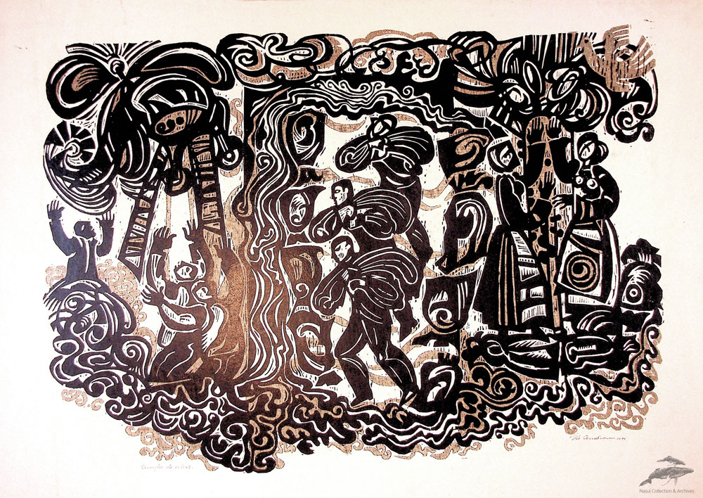 Gheorghe Cernăianu, Biruind apele, Iulie 1975, xilogravură color, 50x70 cm