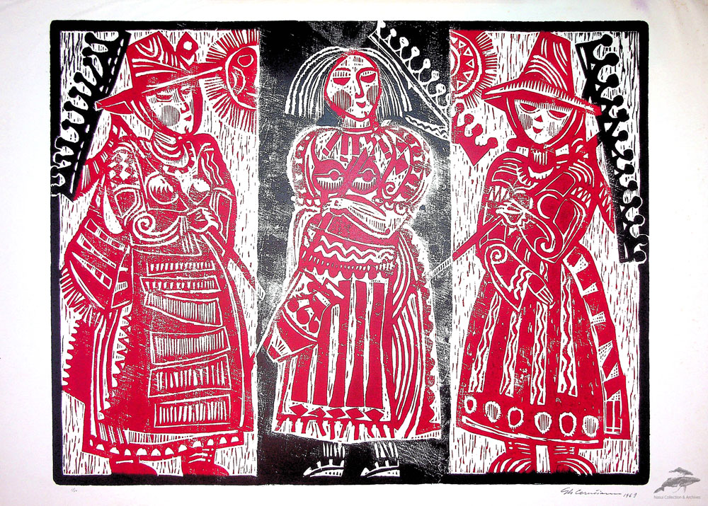 Gheorghe Cernăianu, Fete din Rucăr, xilogravură color, 1 din 10, 50x69,5 cm (1)