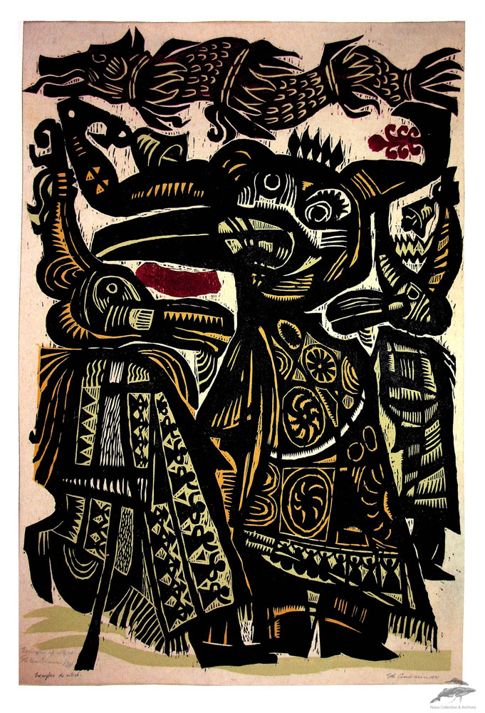 Gheorghe Cernăianu, Inflorirea folclorului, 1971, xilogravură în culori, 70x47,5 cm