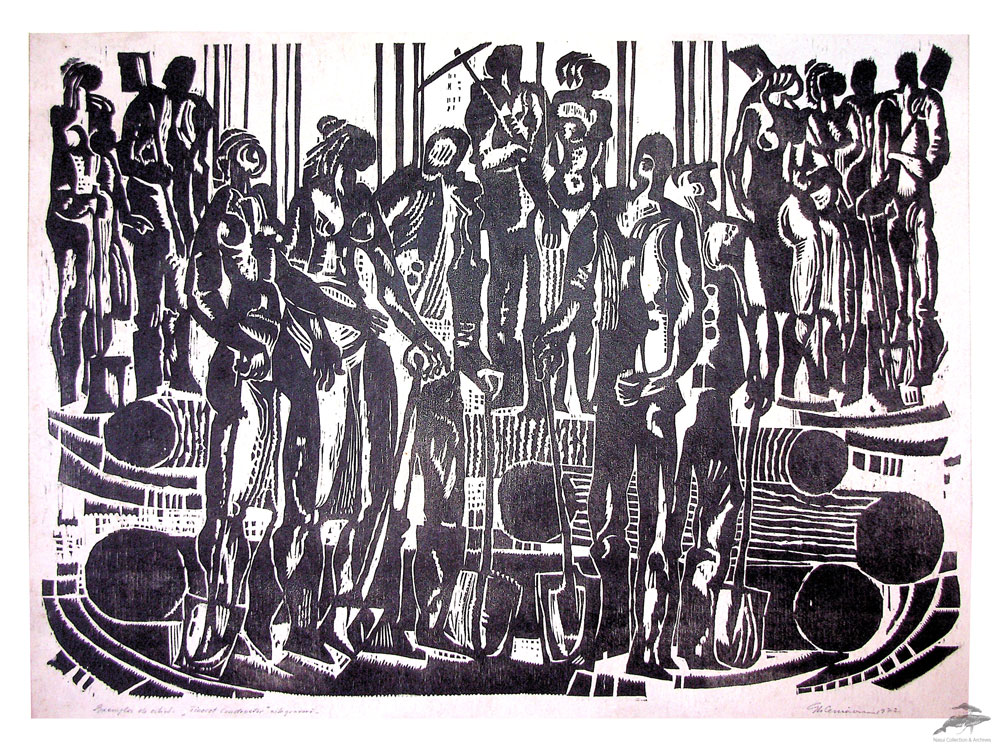 Gheorghe Cernăianu, Tineret constructor, xilogravură, 1972, 70x95 cm
