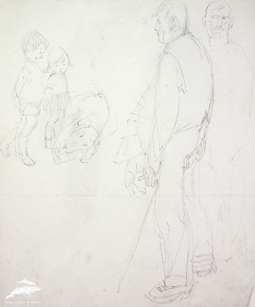 Gion Mihail, Compoziție cu copii și câine, 26,5x23 cm