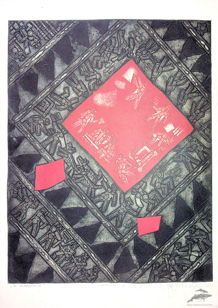 Ladislau Feszt, În ilegalitate, 1971, colografie, exemplar de artist, 65x49 cm