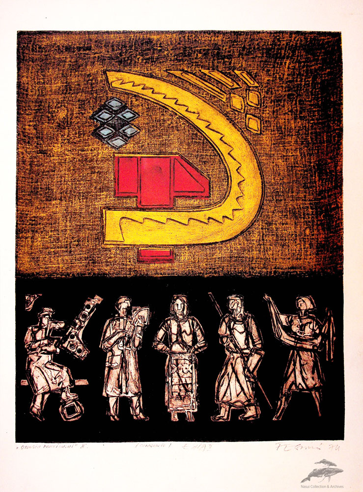 Ladislau Feszt, Omagiu Partidului, colografie, exemplar de artist, 61x47 cm